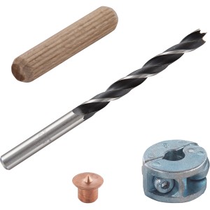 wolfcraft Zestaw kołków Ø 8 mm, 28 elementów: Kołki drewniane, wiertło, ogranicznik głębokości i ustalacz do połączeń.