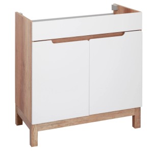 t.b.t. Szafka pod umywalkę z białymi frontami i drewnianym dekorem. Część zestawu mebli łazienkowych.