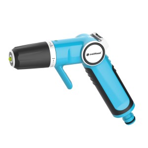 Jasnoniebieski pistolet ogrodowy t.b.t. do podlewania w ogrodzie.