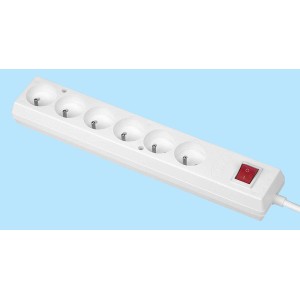 Biała listwa zasilająca t.b.t. z sześcioma gniazdami i czerwonym włącznikiem.