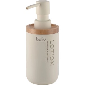 Dozownik do mydła w kolorze kremowym z bambusową pokrywką do akcesoriów łazienkowych.