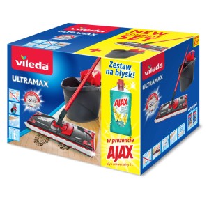 Zestaw Vileda Ultramax: Mop, wiadro i uniwersalny płyn Ajax w opakowaniu produktu.