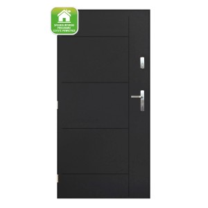 Nowoczesne, antracytowe drzwi zewnętrzne z srebrną klamką.