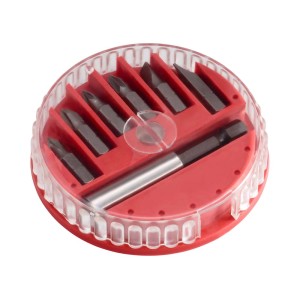 Zestaw bitów 7-częściowy, asortyment z bitami płaskimi, krzyżowymi i uchwytem magnetycznym w czerwonym pudełku.