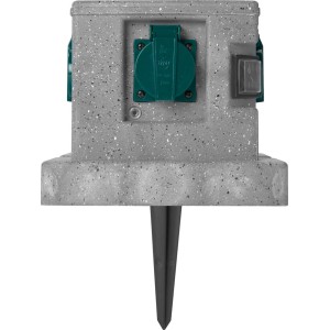 Szare gniazdo ogrodowe z zieloną pokrywą i szpikulcem.