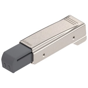 Zawias meblowy t.b.t., metalowa obudowa z szarym amortyzatorem.