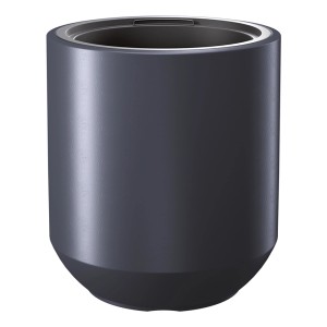 Ciemnoszara doniczka t.b.t. o cylindrycznym kształcie do użytku wewnątrz i na zewnątrz.