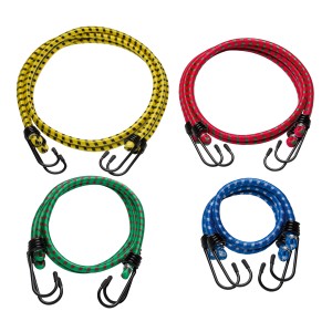 Zestaw ekspanderów gumowych, 8 sztuk w kolorze żółtym, czerwonym, zielonym i niebieskim z metalowymi haczykami do podróży i transportu.