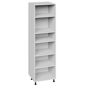 Biała szafka wysoka t.b.t. z sześcioma otwartymi przegródkami i czarnymi nóżkami.