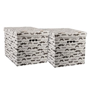 Dwa kartonowe pudełka t.b.t. we wzór wąsów, idealne do przechowywania.