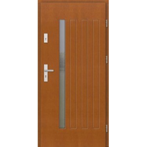 Nowoczesne drzwi zewnętrzne w kolorze drewna z szybą i pionowymi frezami.