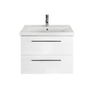 Biały zestaw mebli łazienkowych t.b.t. z umywalką i dwiema szufladami.