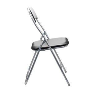 Srebrne krzesło składane z czarnym siedziskiem, widok z boku.