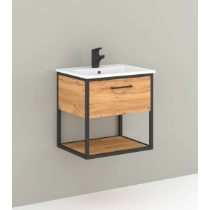 Szafka pod umywalkę t.b.t. z szufladą, dekor drewniany i czarna metalowa rama.