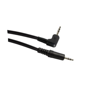 Czarny kabel audio z wtyczką 3,5 mm, kątowy i prosty, do zastosowań audio i wideo.