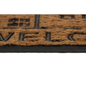 Zbliżenie wycieraczki t.b.t. z włókna kokosowego z czarnym napisem. Odporna na warunki atmosferyczne mata zatrzymująca brud.