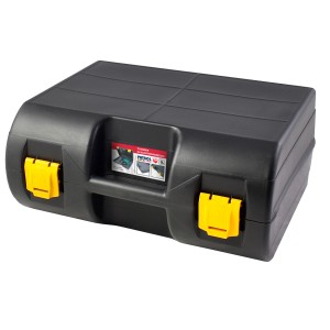 Czarna skrzynka narzędziowa t.b.t. z żółtymi zatrzaskami.