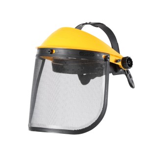 Żółta osłona twarzy z siatkową szybą do podkaszarek i kos.