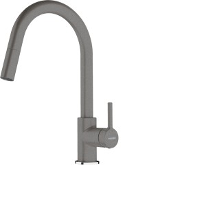 Szara bateria kuchenna z wysoką wylewką do zlewu, jednouchwytowa.