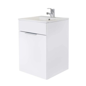 Biała szafka pod umywalkę t.b.t. z umywalką i baterią.