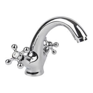 Błyszcząca bateria umywalkowa z krzyżowymi uchwytami do łazienki i WC.