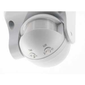 Biały czujnik ruchu z pokrętłami regulacji czasu i LUX.