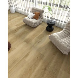 Jasny pokój z panelami winylowymi t.b.t. imitującymi drewno.