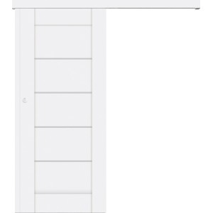 Białe drzwi wewnętrzne t.b.t. z pięcioma poziomymi panelami.