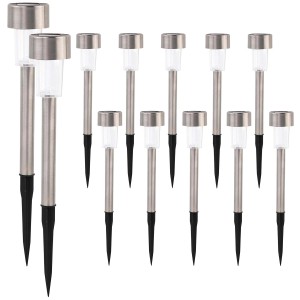 Zestaw lamp solarnych do ścieżek, wygląd stali nierdzewnej, z kolcem do ziemi.