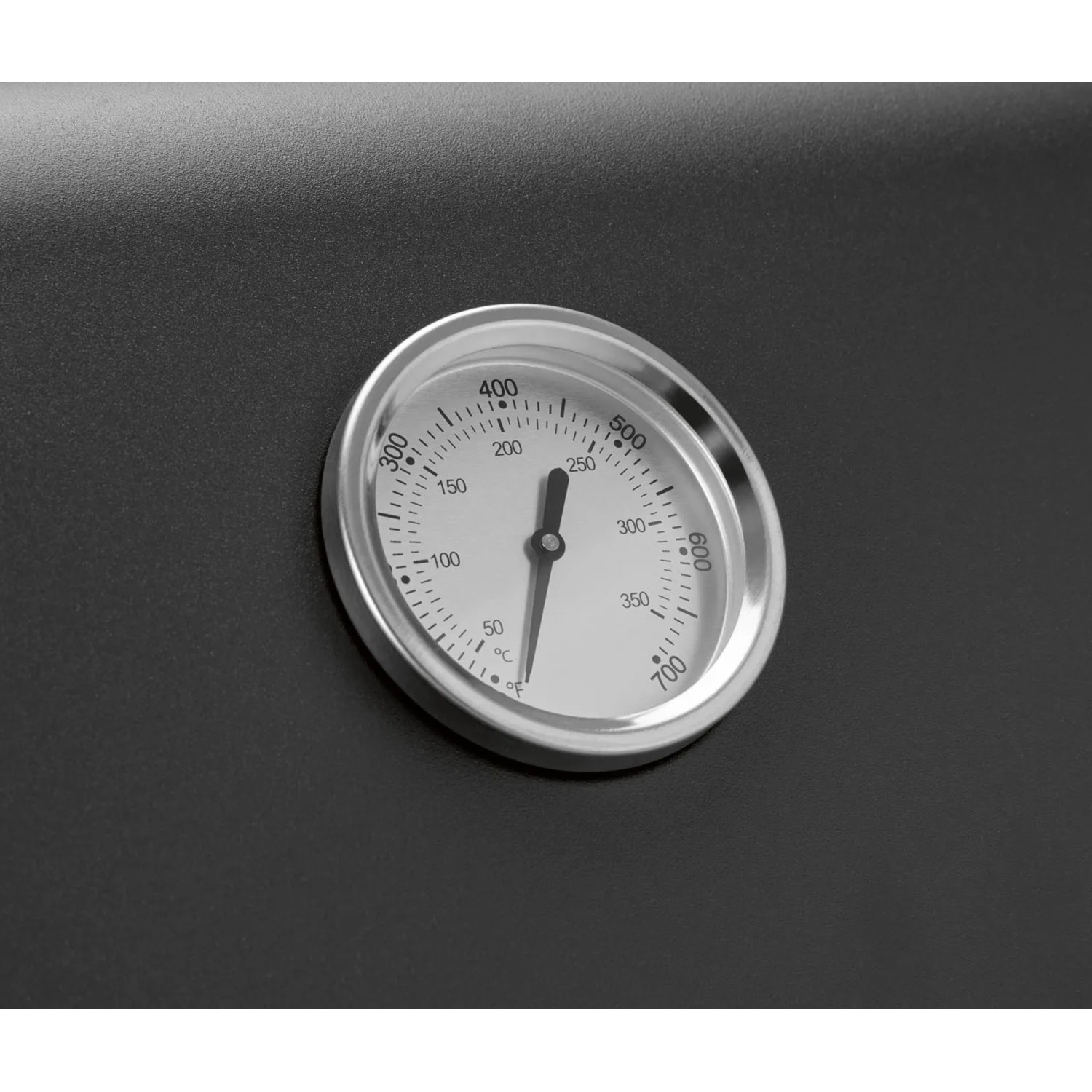 Zbliżenie termometru grilla gazowego. Wyświetlanie temperatury w stopniach Celsjusza i Fahrenheita.