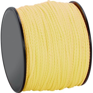 Żółty sznurek polipropylenowy (Ø 2 mm) na rolce, odpowiedni do wiązania i sznurowania.