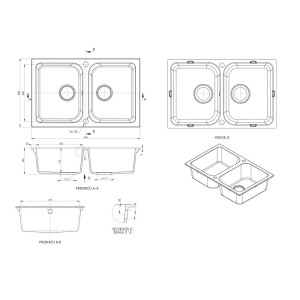 Rysunek techniczny zlewozmywaka granitowego t.b.t. z podwójną komorą i wymiarami.