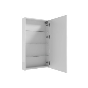 Otwarta, biała szafka z lustrem i szklanymi półkami.