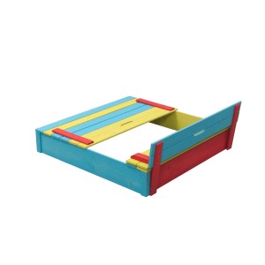 Kolorowa piaskownica SwingKing Sepp 120x120 cm z składaną pokrywą jako ławka.