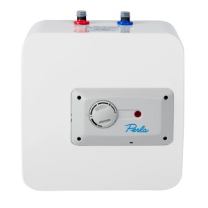 Biały bojler t.b.t. z regulacją temperatury i przyłączami.