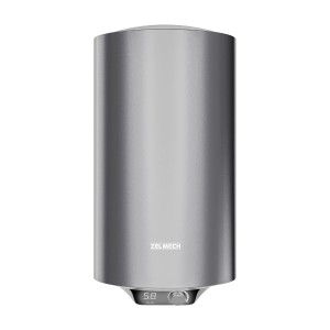 Nowoczesny, srebrny bojler Zelmech z cyfrowym wyświetlaczem.