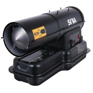 Czarna nagrzewnica t.b.t. z cylindrycznym palnikiem i zbiornikiem.