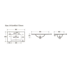 Rysunek techniczny umywalki nablatowej t.b.t. z wymiarami.