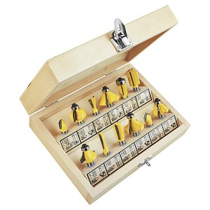Zestaw frezów LUX, 12 sztuk, w drewnianym pudełku. Akcesoria do frezowania drewna i tworzyw sztucznych.