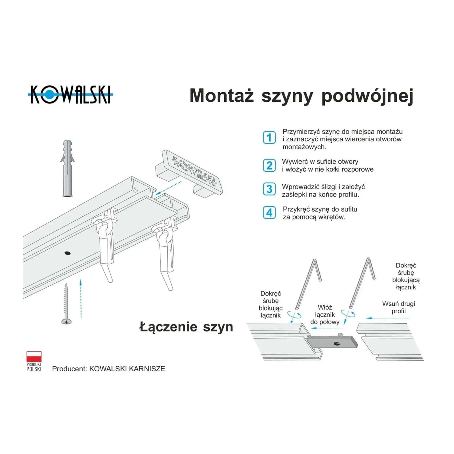 Kowalski Szyna aluminiowa podwójna SLIM żabka 680 cm biała