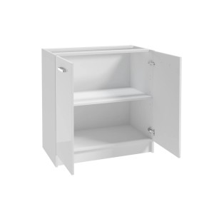 Biała szafka dolna kuchenna (t.b.t.) z dwoma otwartymi drzwiami i dwiema półkami.