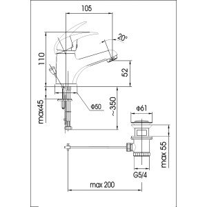 Rysunek techniczny baterii umywalkowej t.b.t. z wymiarami.