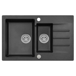 Czarny zlewozmywak granitowy t.b.t. z dwoma komorami i ociekaczem.