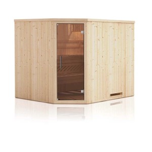 Jasna sauna drewniana z szklanymi drzwiami do użytku wewnętrznego.