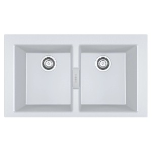 Biały zlewozmywak granitowy t.b.t. z dwiema komorami.