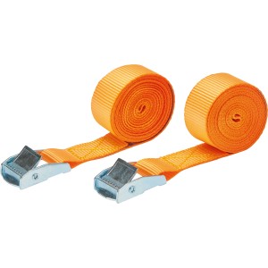 Dwa pomarańczowe pasy mocujące z klamrą zaciskową do podróży i transportu.
