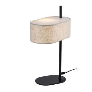 Nowoczesna lampa stołowa z abażurem z tkaniny i czarną podstawą do nastrojowego oświetlenia.