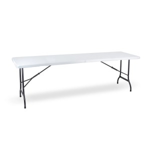 Biały składany stół ogrodowy z czarną metalową ramą.