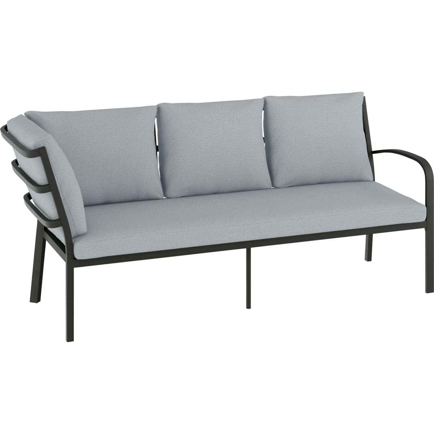 Szara sofa ogrodowa z czarną metalową ramą, część zestawu mebli ogrodowych.