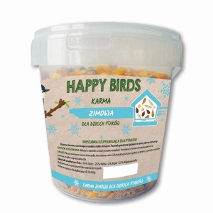 Wiadro zimowej karmy dla dzikich ptaków Happy Birds, mieszanka nasion i ziaren.